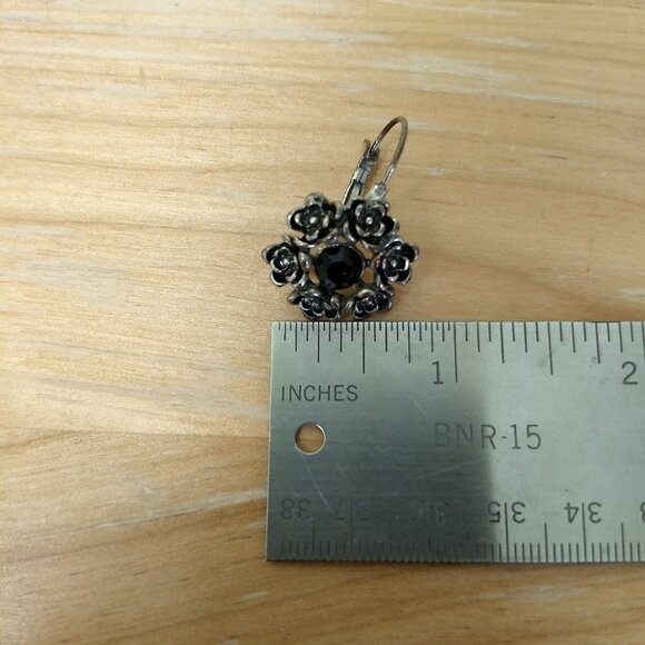 Black Stone Silver Tone Earring Lot Set 2 Floral Goth Whimsigoth Dark Academia - Picture 4 of 8
